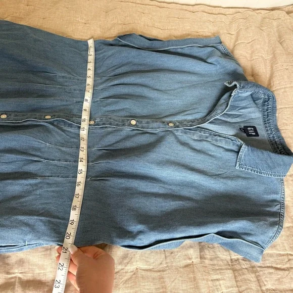 Gap Fit and Flare Midi Shirt Dress Pleat Waist Denim Roll Cuff Medium Wash XLT - Picture 11 of 12